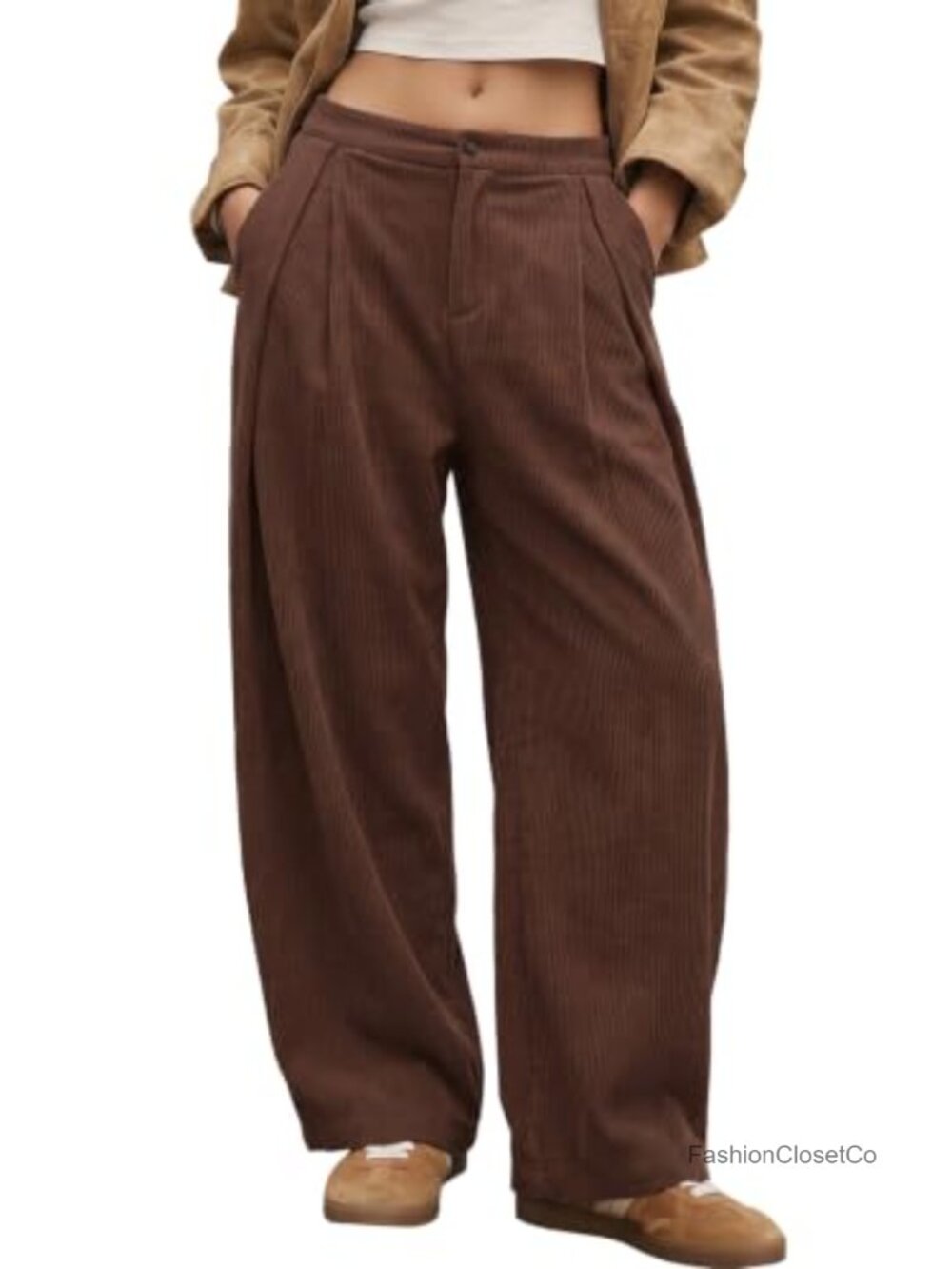 Corduroy Barrel Pants Cotton Blend Wide Leg High Waisted Elastic Back